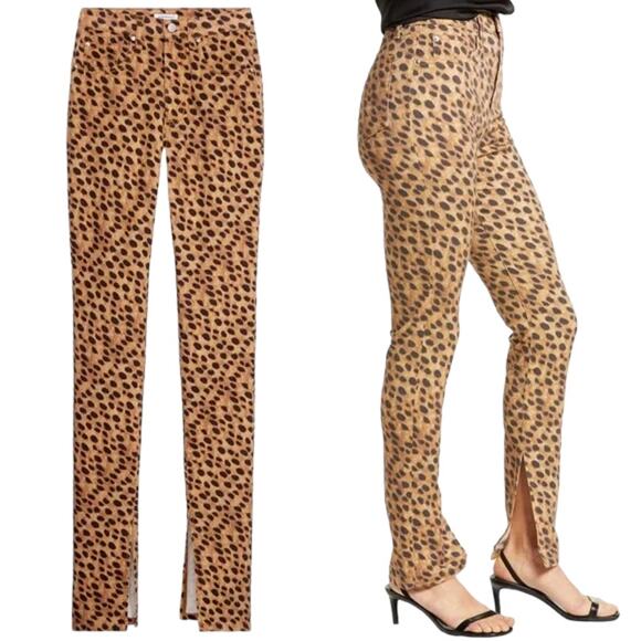 NWT WEWOREWHAT Stiletto Split Hem Cheetah Skinny Jeans Brown 24 - Picture 4 of 6